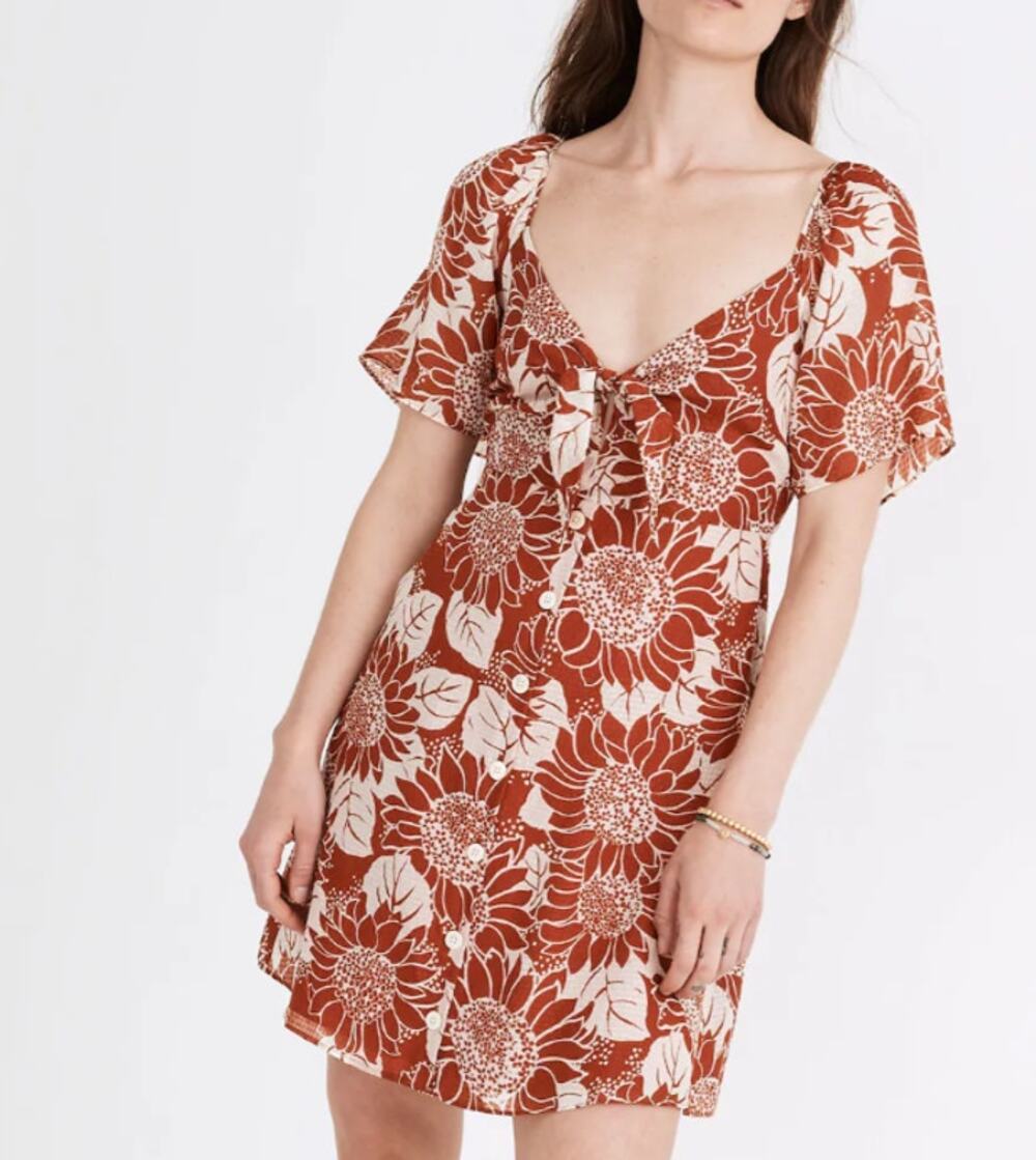 Madewell NWT Silk Tie Front Mini Dress Sun Flower Print 8 Fall Earthy Brown